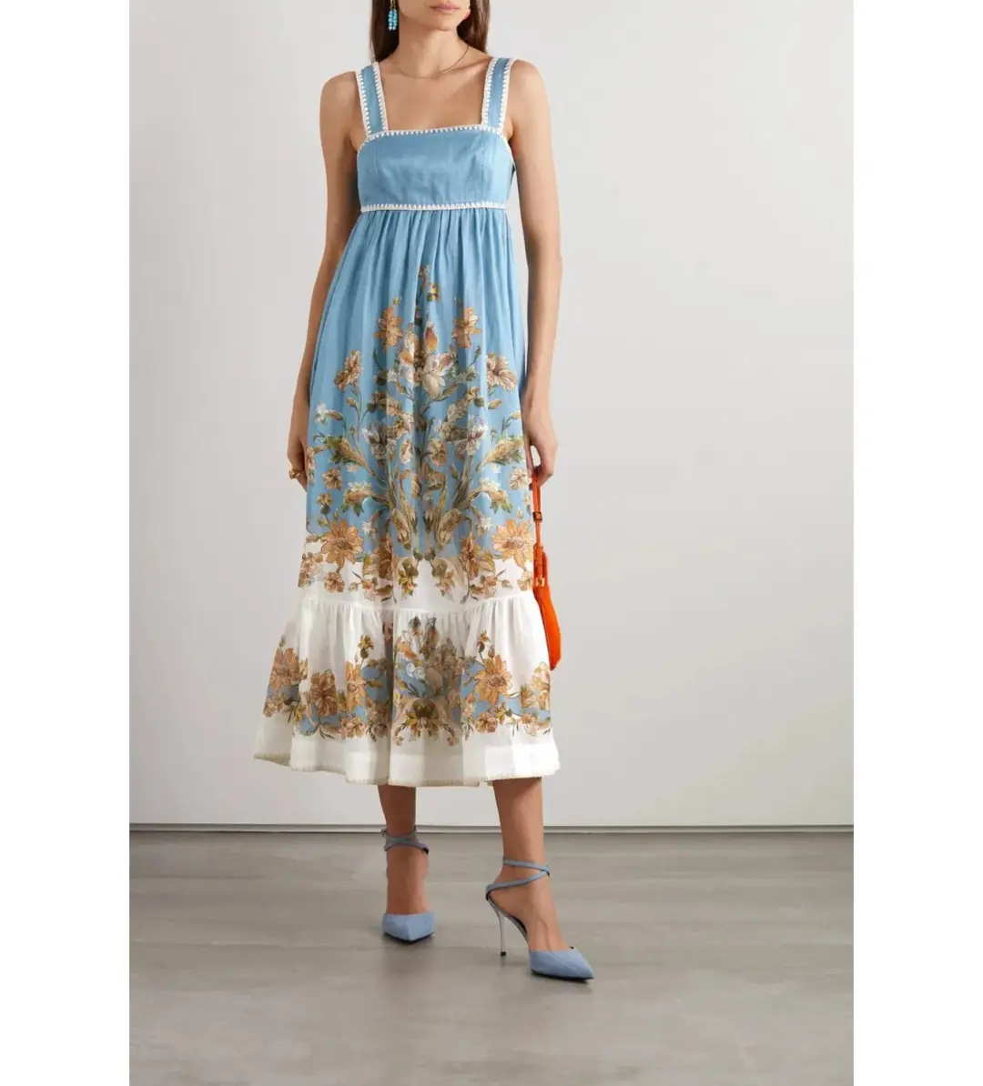 Zimmermann Chintz Tiered Ramie Midi Dress Blue Daisy Size 2 AU 12 for rent on The Volte - main image