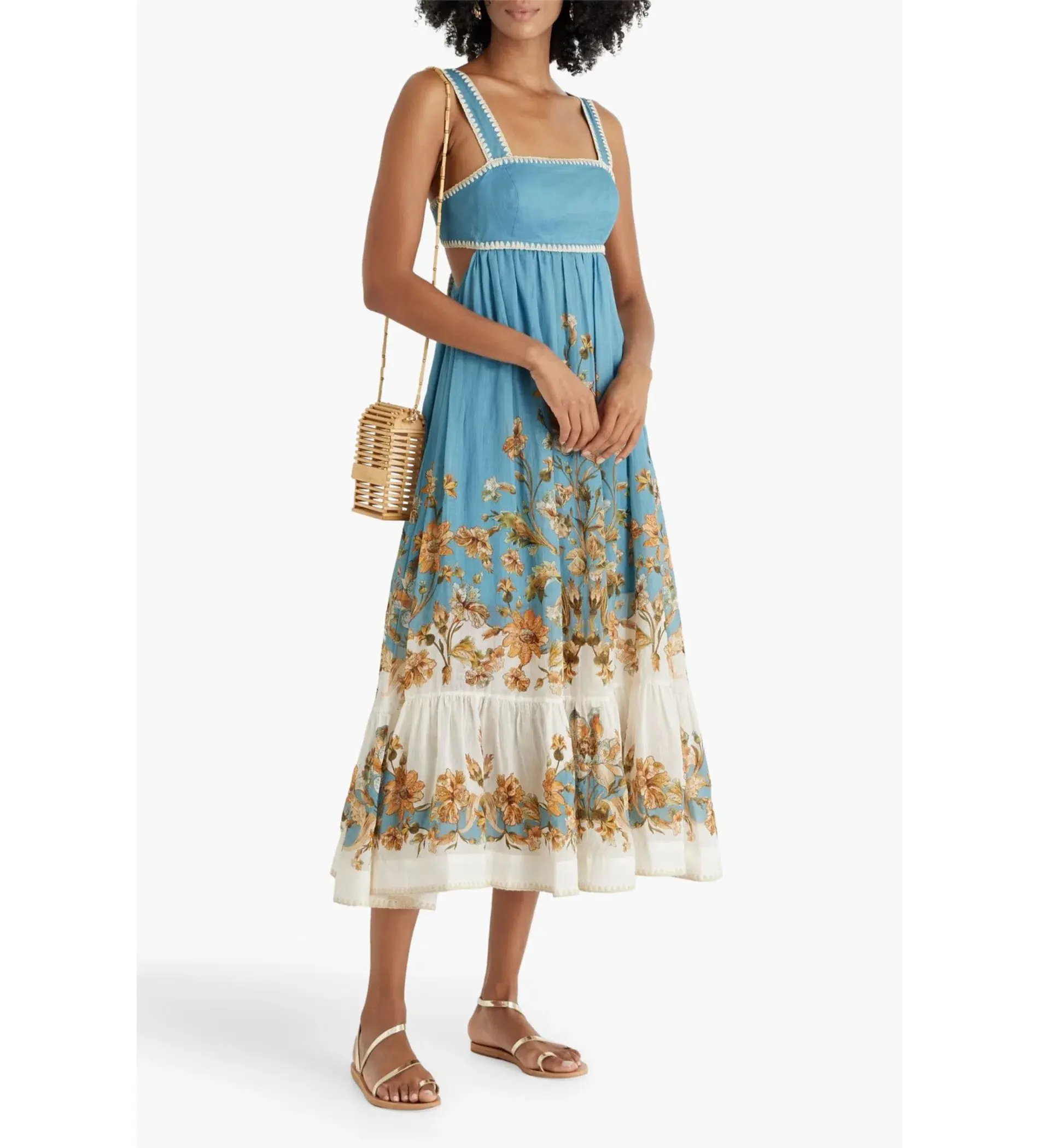 Zimmermann Chintz Tiered Ramie Midi Dress Blue Daisy Size 2 AU 12 - Image 2