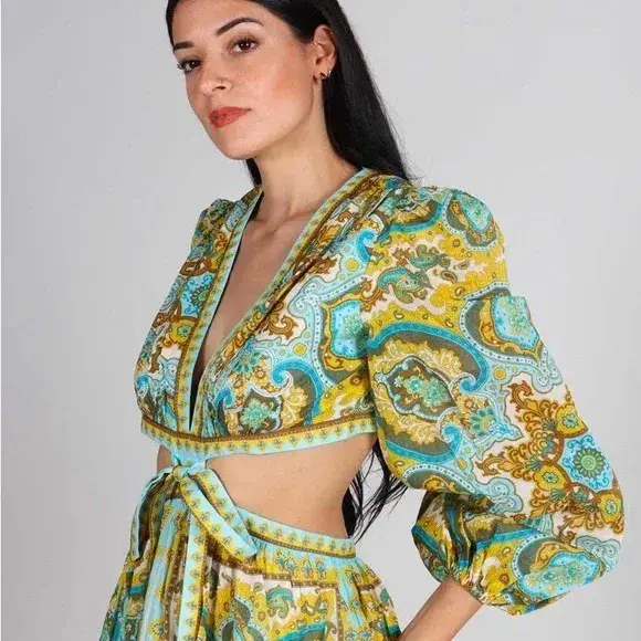 Zimmermann Halcyon Tie Front Midi Dress Size Multi Print 1 / AU 10 - Image 2