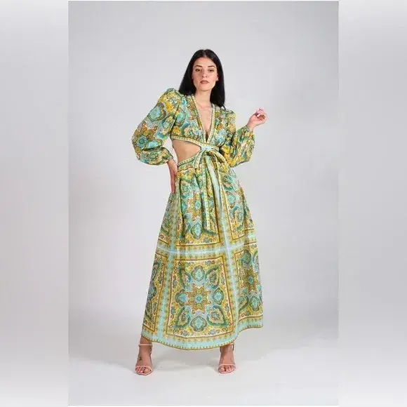 Zimmermann Halcyon Tie Front Midi Dress Size Multi Print 1 / AU 10 for rent on The Volte - main image