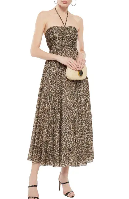 Zimmermann Ruched Leopard-Print Silk Halterneck Midi Dress Size 2/AU 12  - Image 3