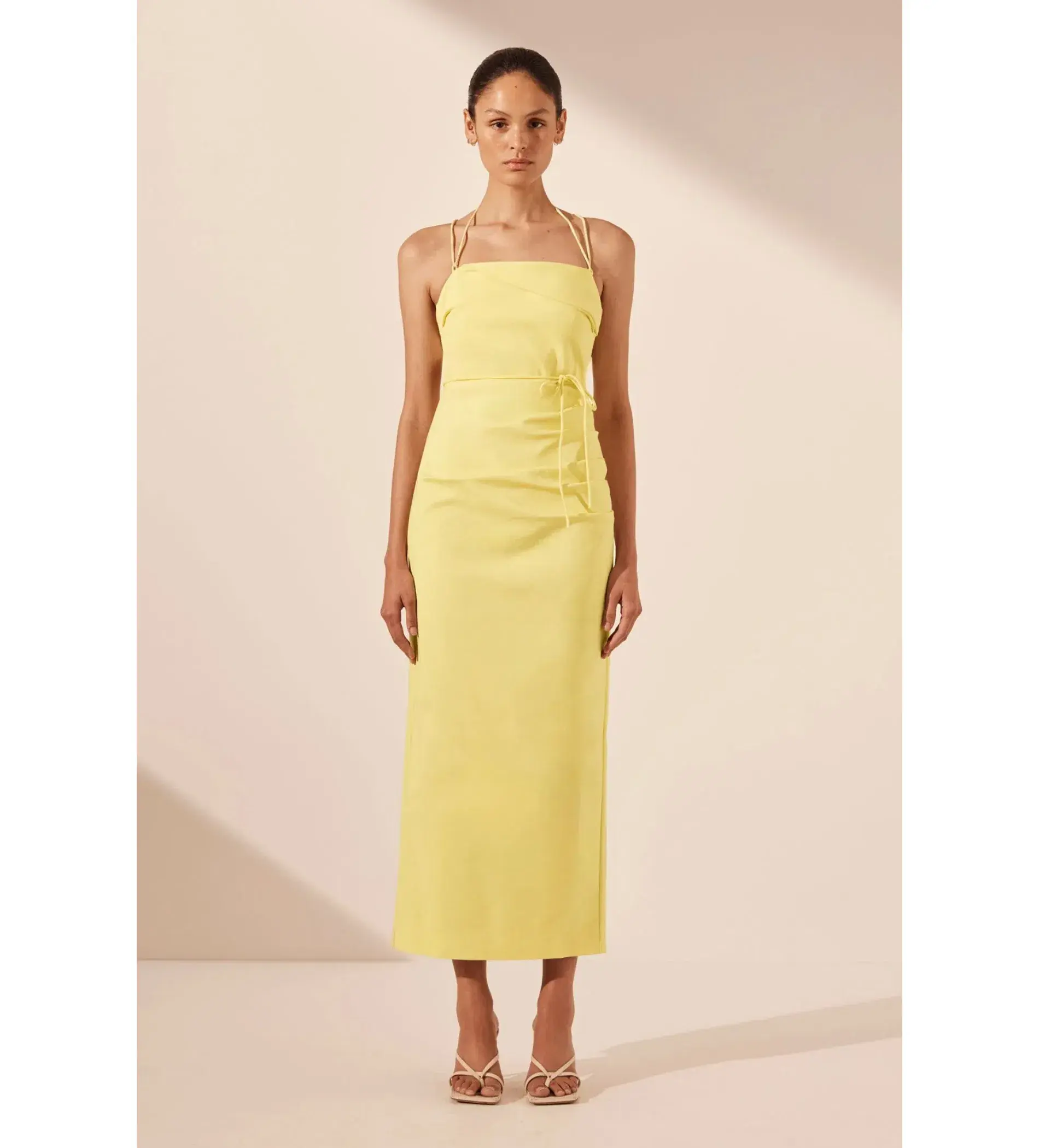 Shona Joy Lani Draped Cross Back Midi Dress Lemon Size AU 8 - Image 1