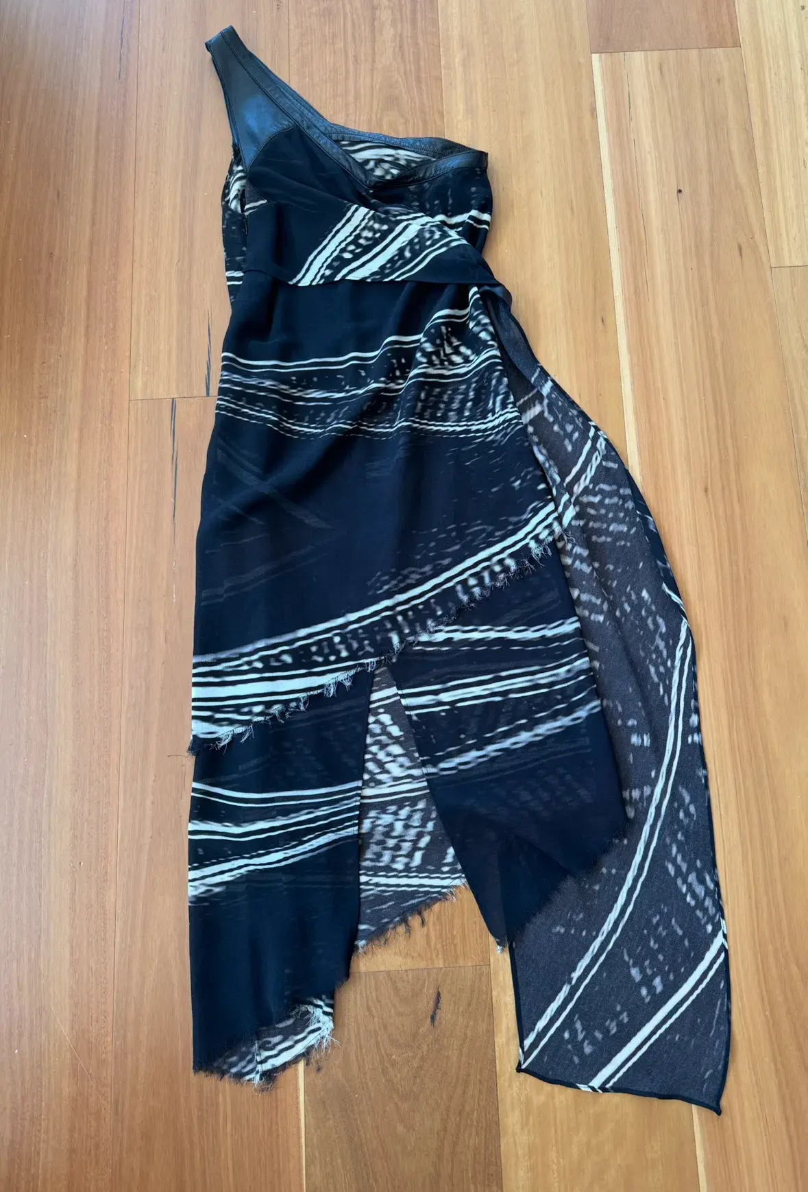 Kimberly Ovitz Leather Trim Knee-Length Dress Black Print Size US 4 AU 8 - Image 2