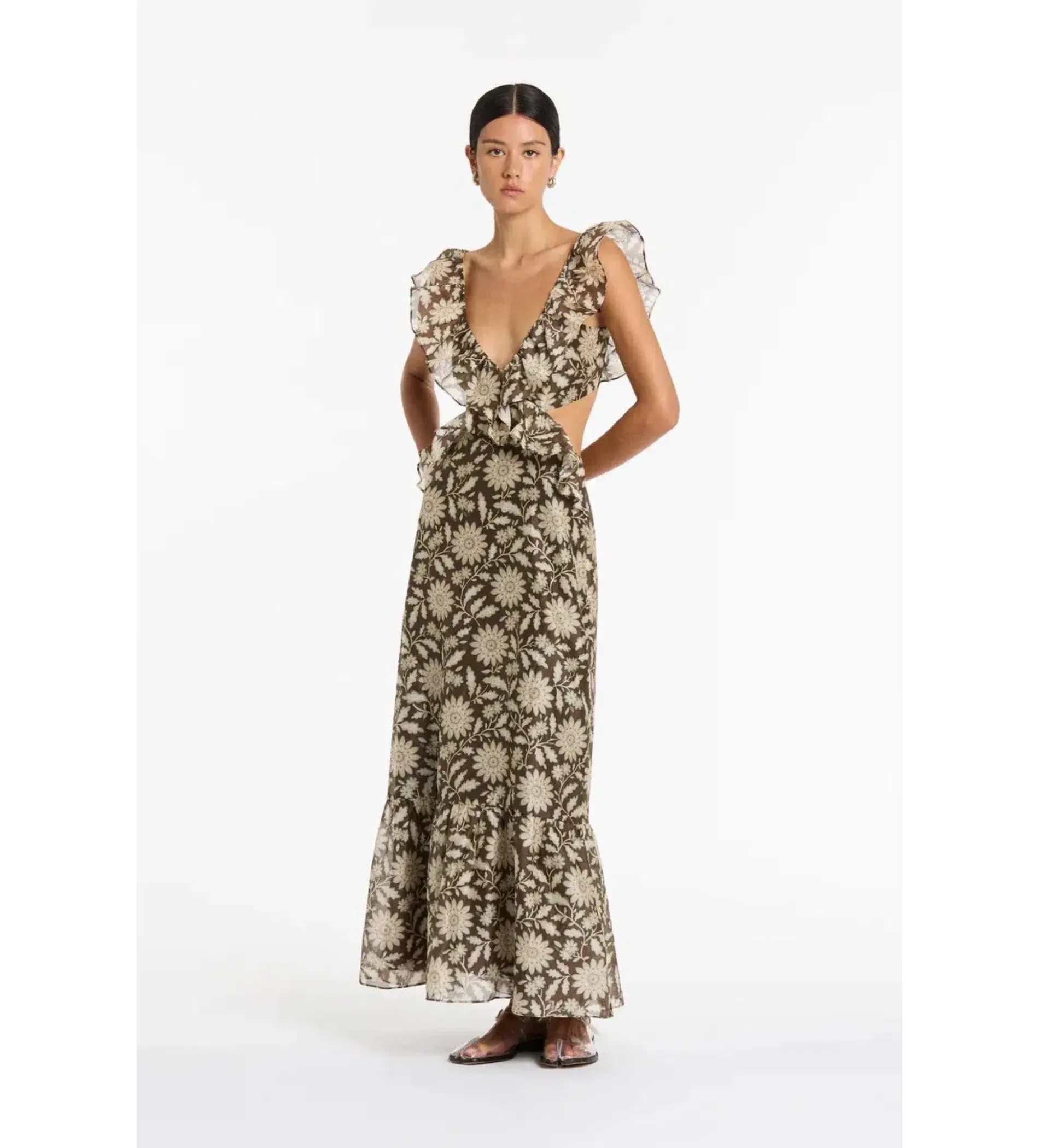 Sir the Label Xanita Frill Midi Dress Brown Floral Size 2 AU 10 - Image 1
