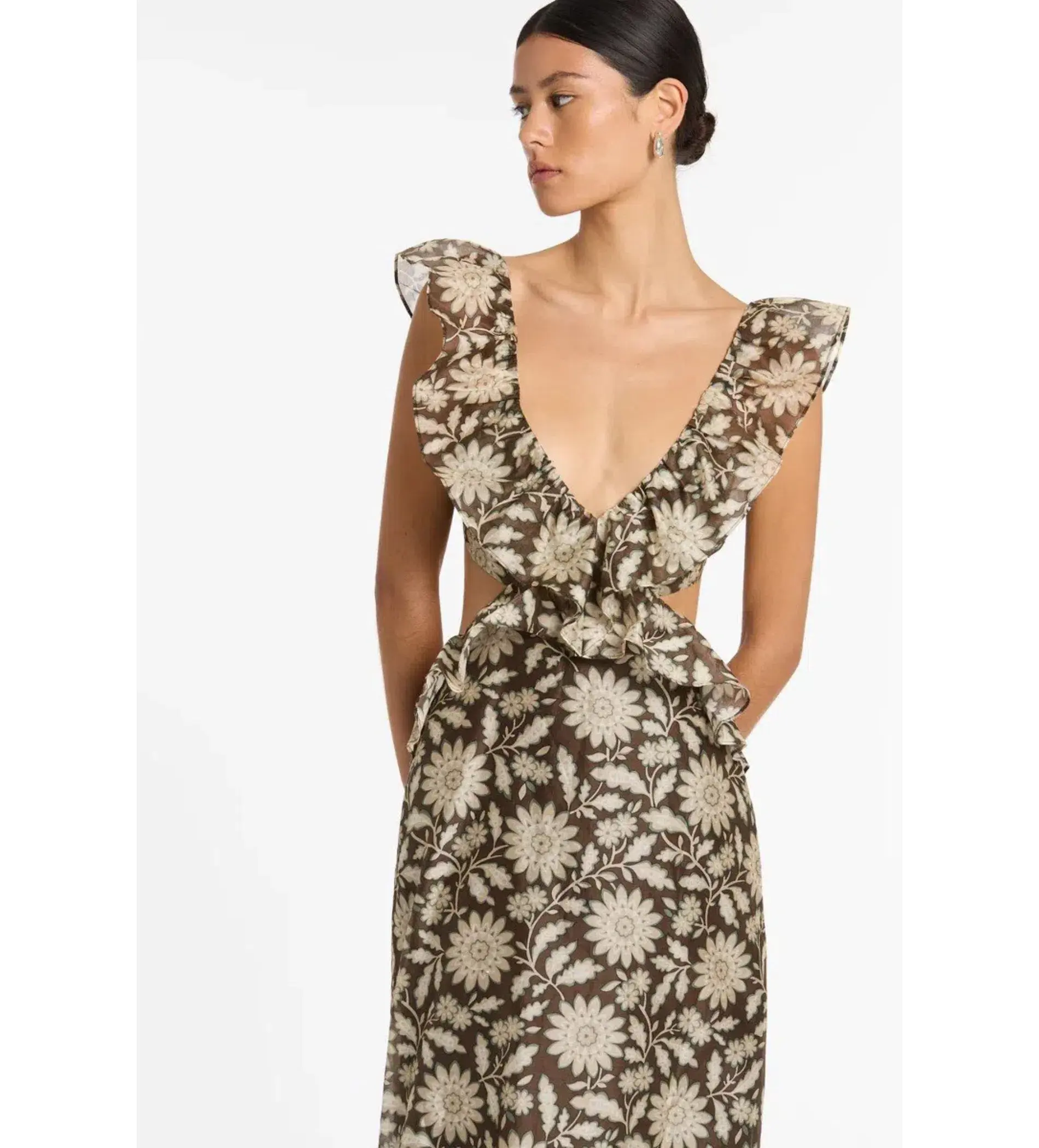 Sir the Label Xanita Frill Midi Dress Brown Floral Size 2 AU 10 - Image 5