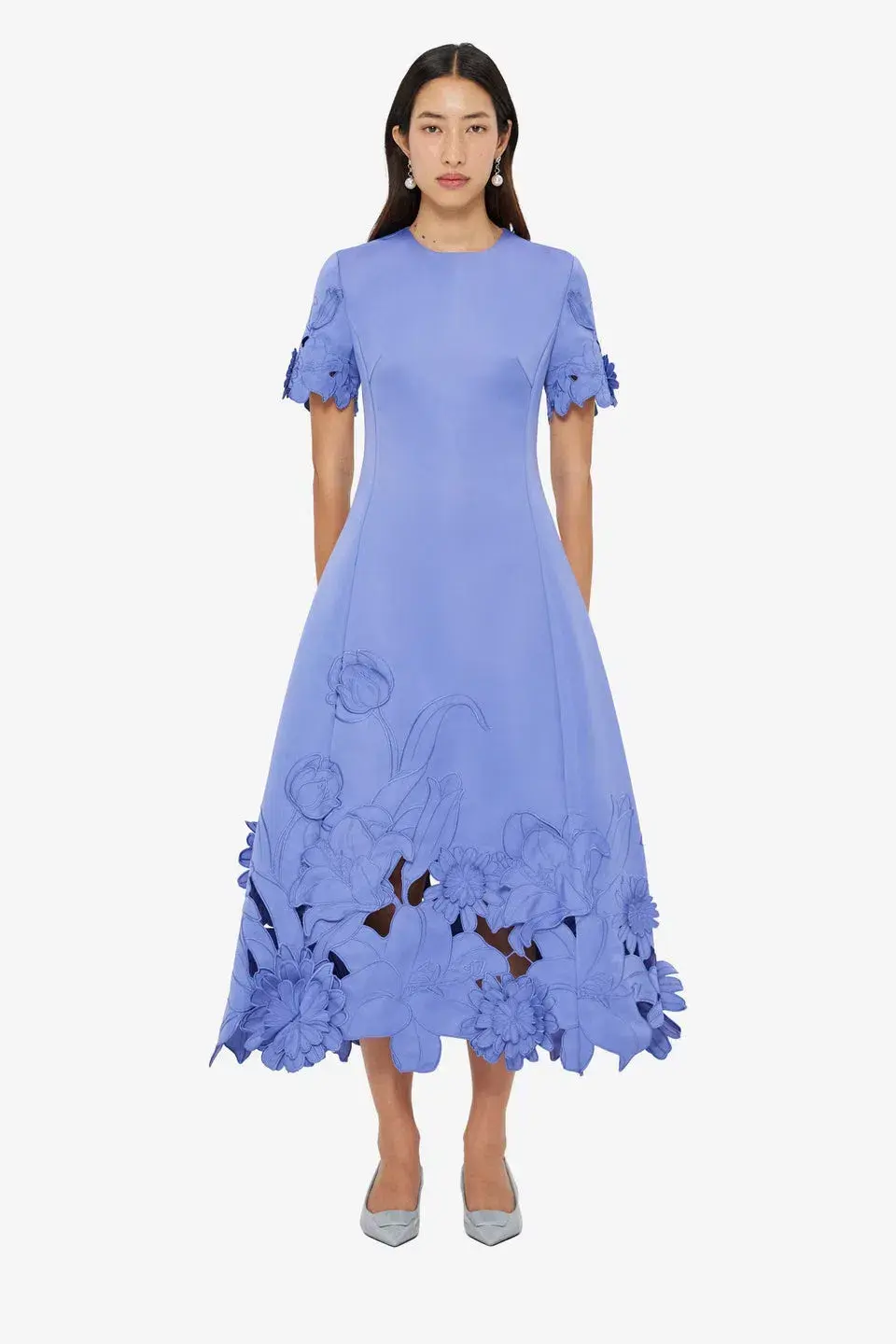 Leo Lin Caroline Applique Short Sleeve Midi Dress Moonlight  Size 8 for rent on The Volte - main image