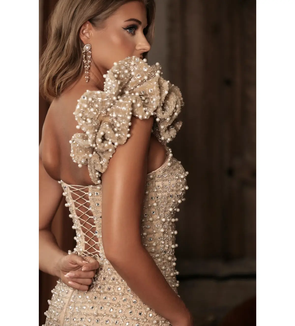 Gold Couture Hana Pearl & Swarovski Beaded Ruffle Shoulder Gown Gold Size AU 12 - Image 5