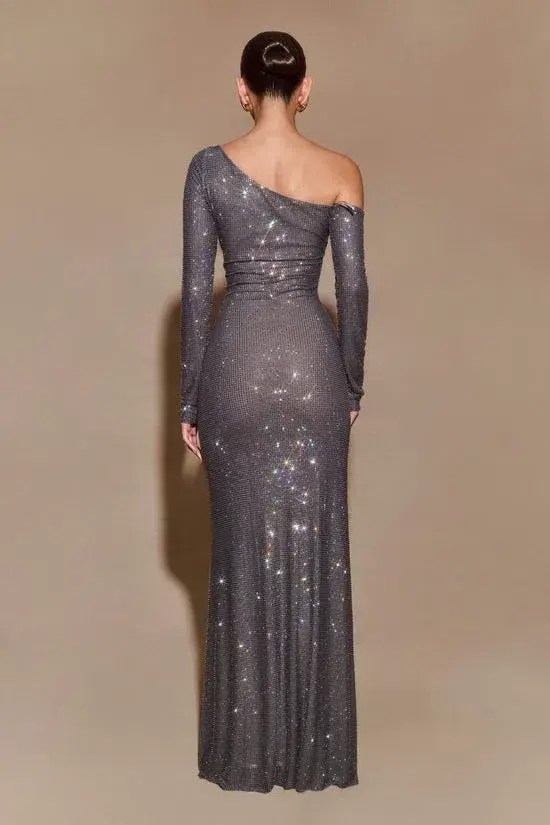 Meshki Marcia Diamante Long Sleeve Maxi Dress - Gunmetal for rent on The Volte - main image