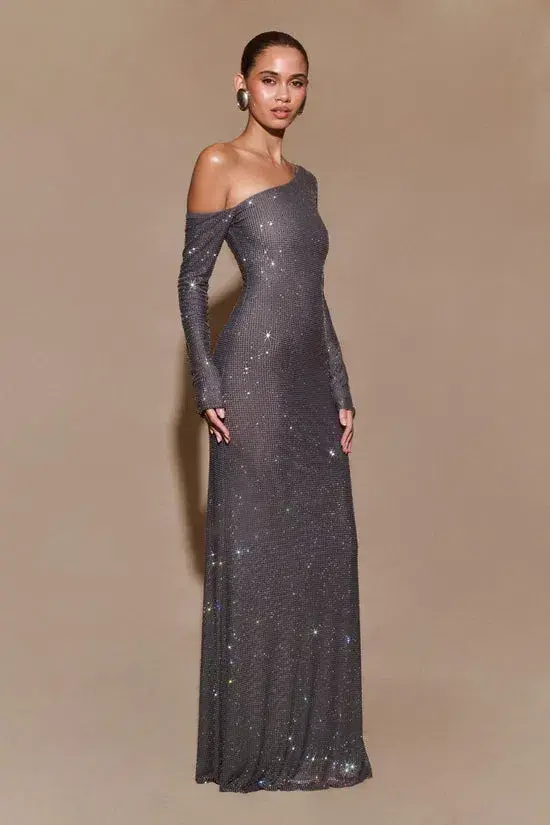Meshki Marcia Diamante Long Sleeve Maxi Dress - Gunmetal for rent on The Volte - main image