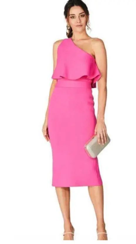 Scanlan Theodore Crepe Knit One Shoulder Ruffle Dress Hot Pink Size 10 - Image 1