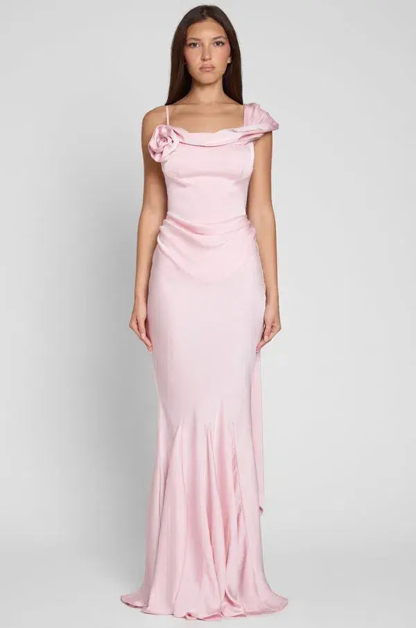 LEAU Celine Corset Drape Satin Maxi Gown Pink Size 10 - Image 1