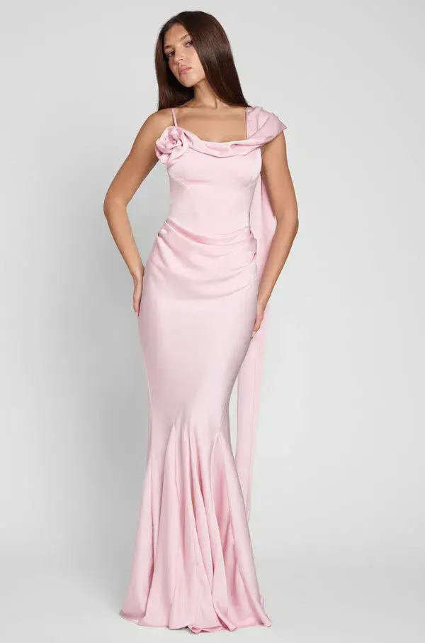 LEAU Celine Corset Drape Satin Maxi Gown Pink Size 10 - Image 3