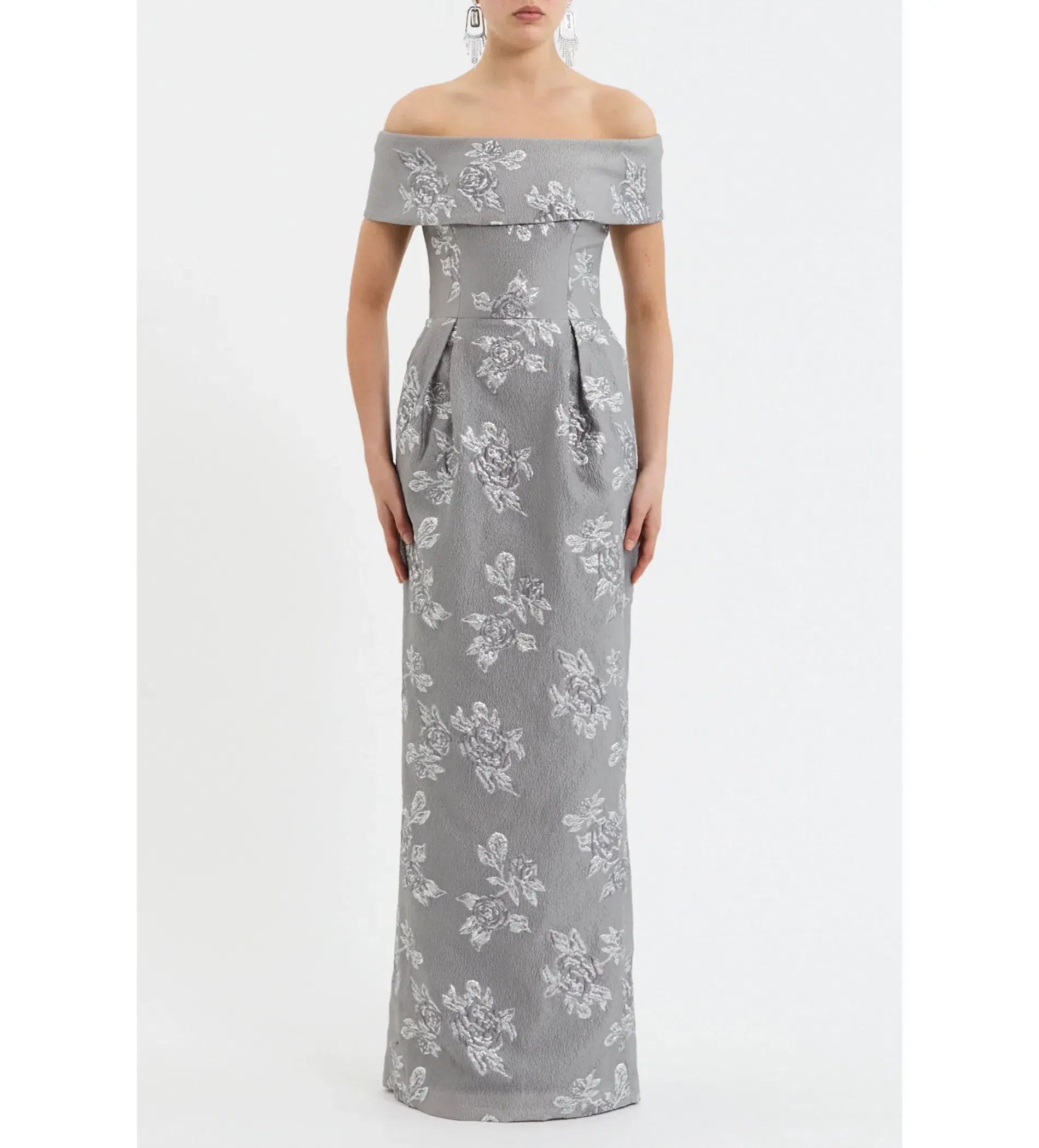 Rebecca Vallance Ruth Off The Shoulder Gown Maxi Dress in Silver Size AU 8 - Image 1