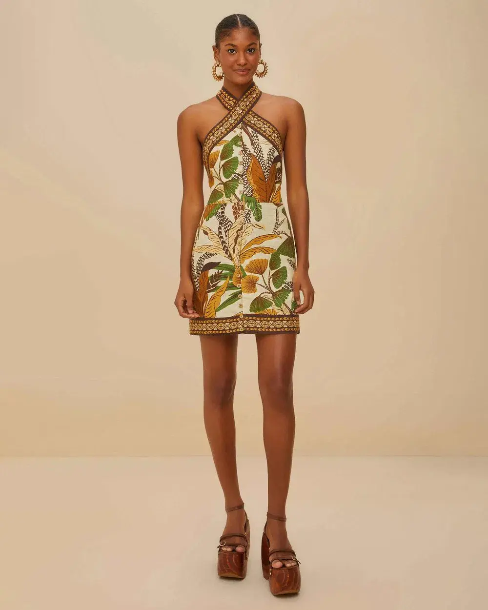Farm Rio Halter Neck Mini Dress Foliage Sketch Sand in Size M - Image 1