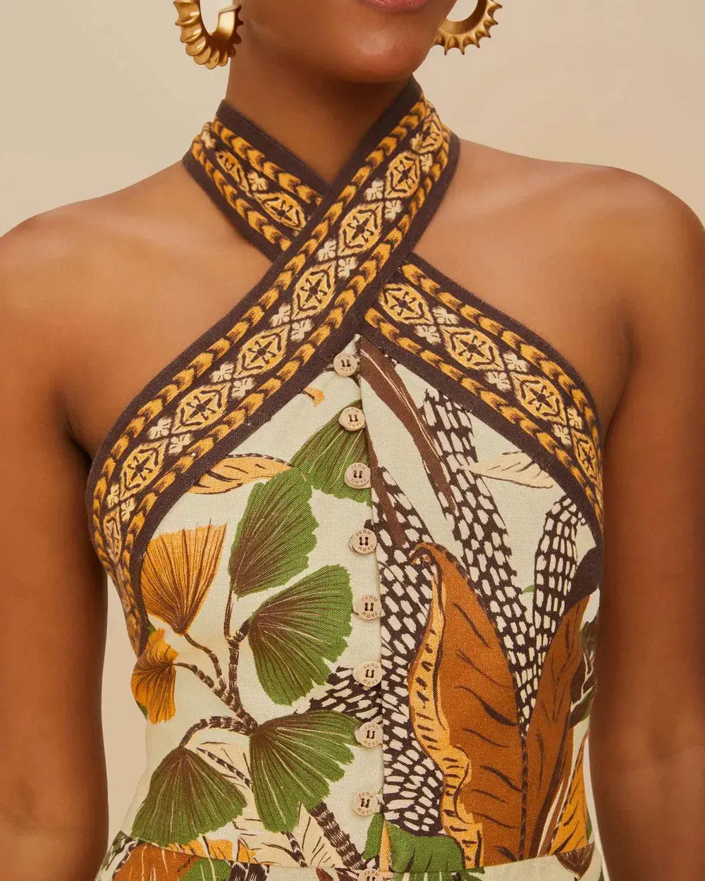 Farm Rio Halter Neck Mini Dress Foliage Sketch Sand in Size M - Image 3
