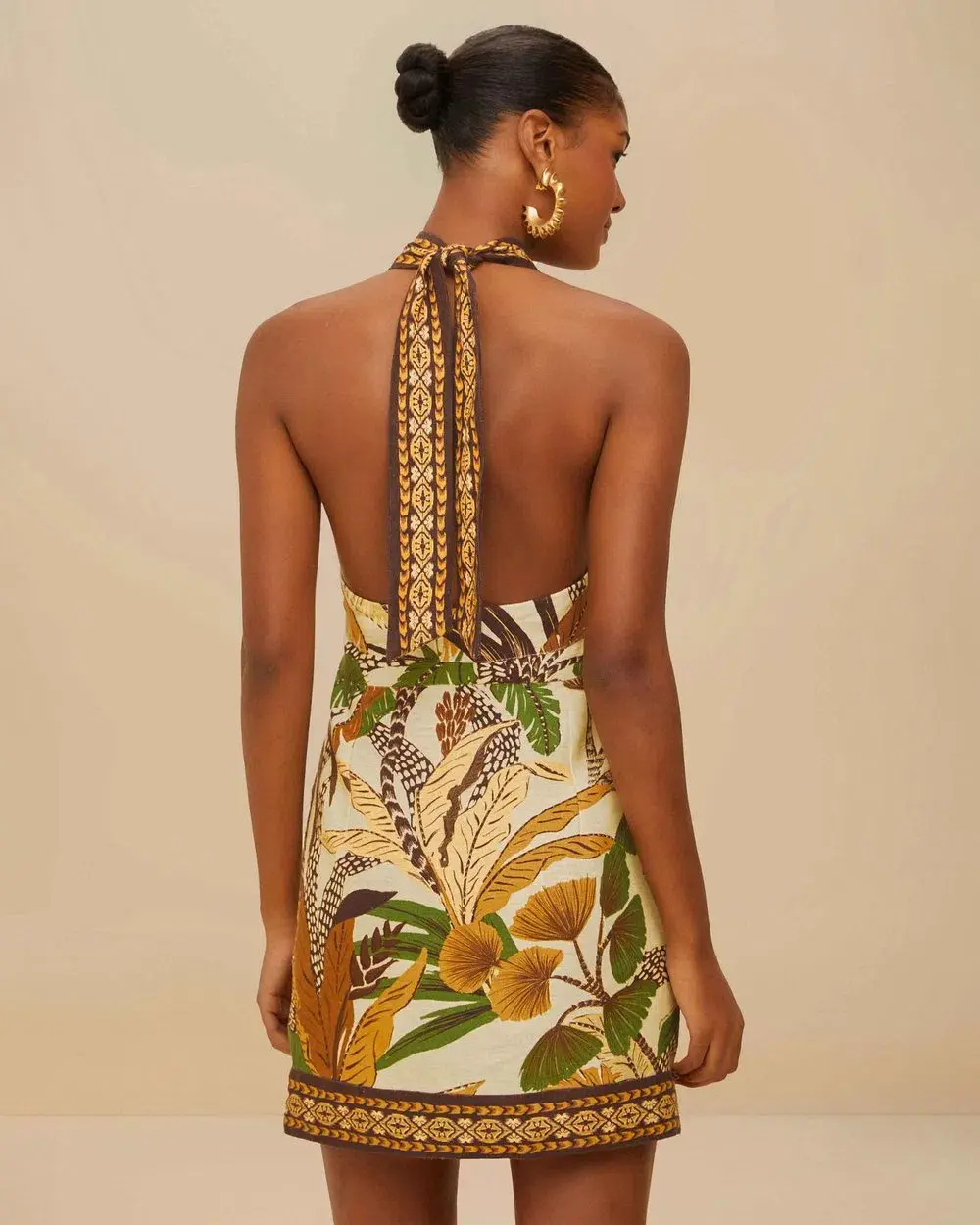Farm Rio Halter Neck Mini Dress Foliage Sketch Sand in Size M - Image 2