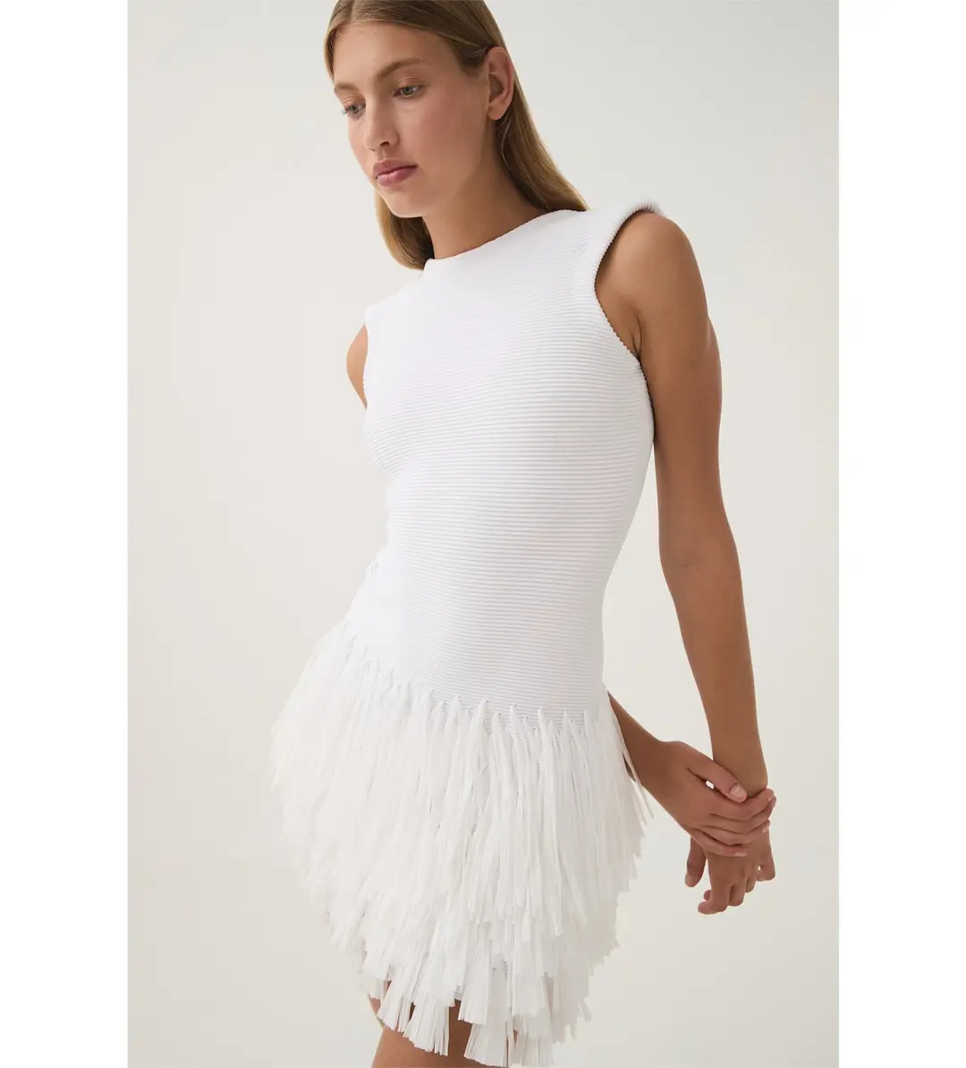 AJE Rushes Fringe Knit Mini Dress in White Size M AU 10  for rent on The Volte - main image