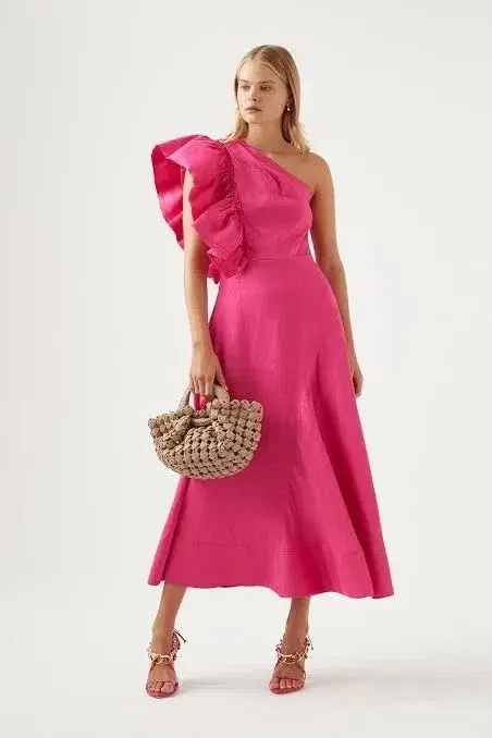 Aje / Bonjour Asymmetric Midi Dress / Fushsia / Size 12 for rent on The Volte - main image