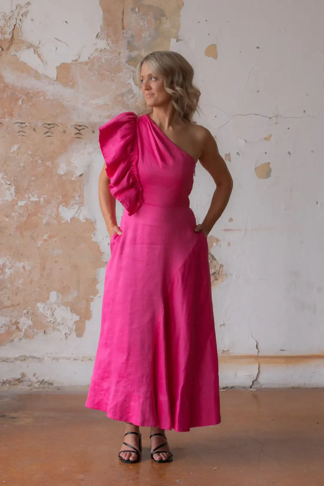 Aje / Bonjour Asymmetric Midi Dress / Fushsia / Size 14 for rent on The Volte - main image