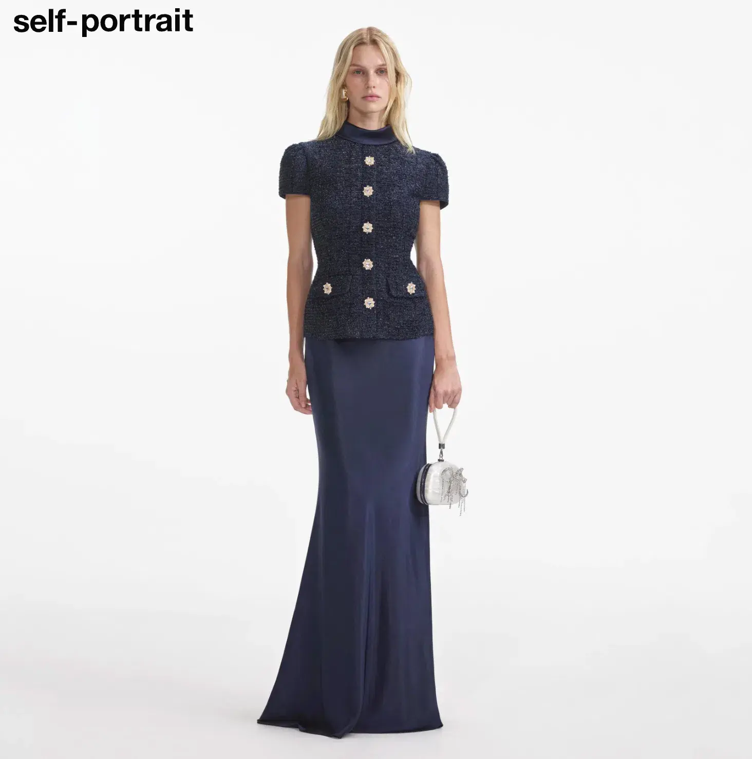 Self Portrait Navy Metallic Boucle Maxi Dress Size Small - Image 1