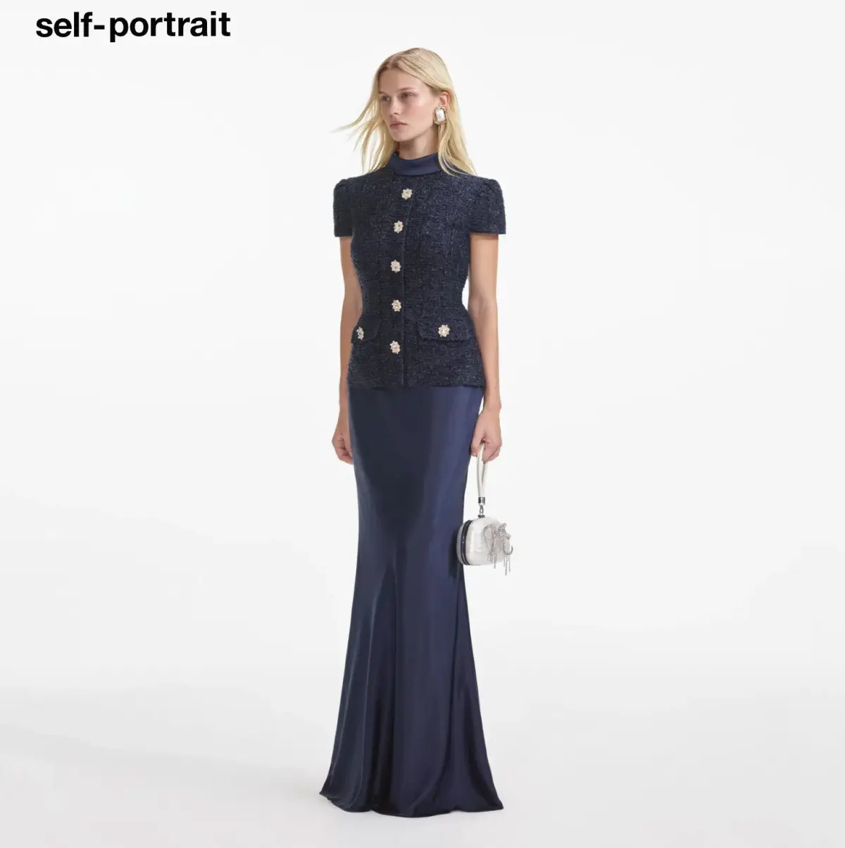 Self Portrait Navy Metallic Boucle Maxi Dress Size Small - Image 4