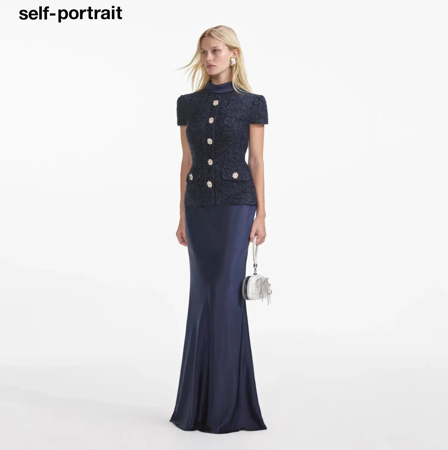 Self Portrait Navy Metallic Boucle Maxi Dress Size Small - Image 4