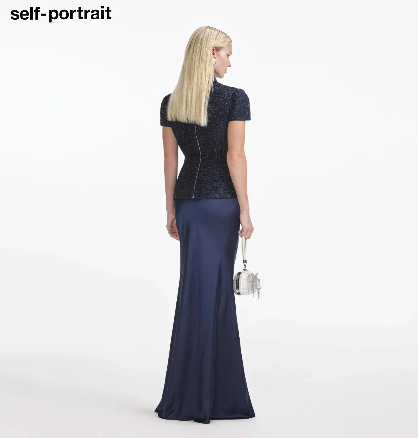 Self Portrait Navy Metallic Boucle Maxi Dress Size Small - Image 2