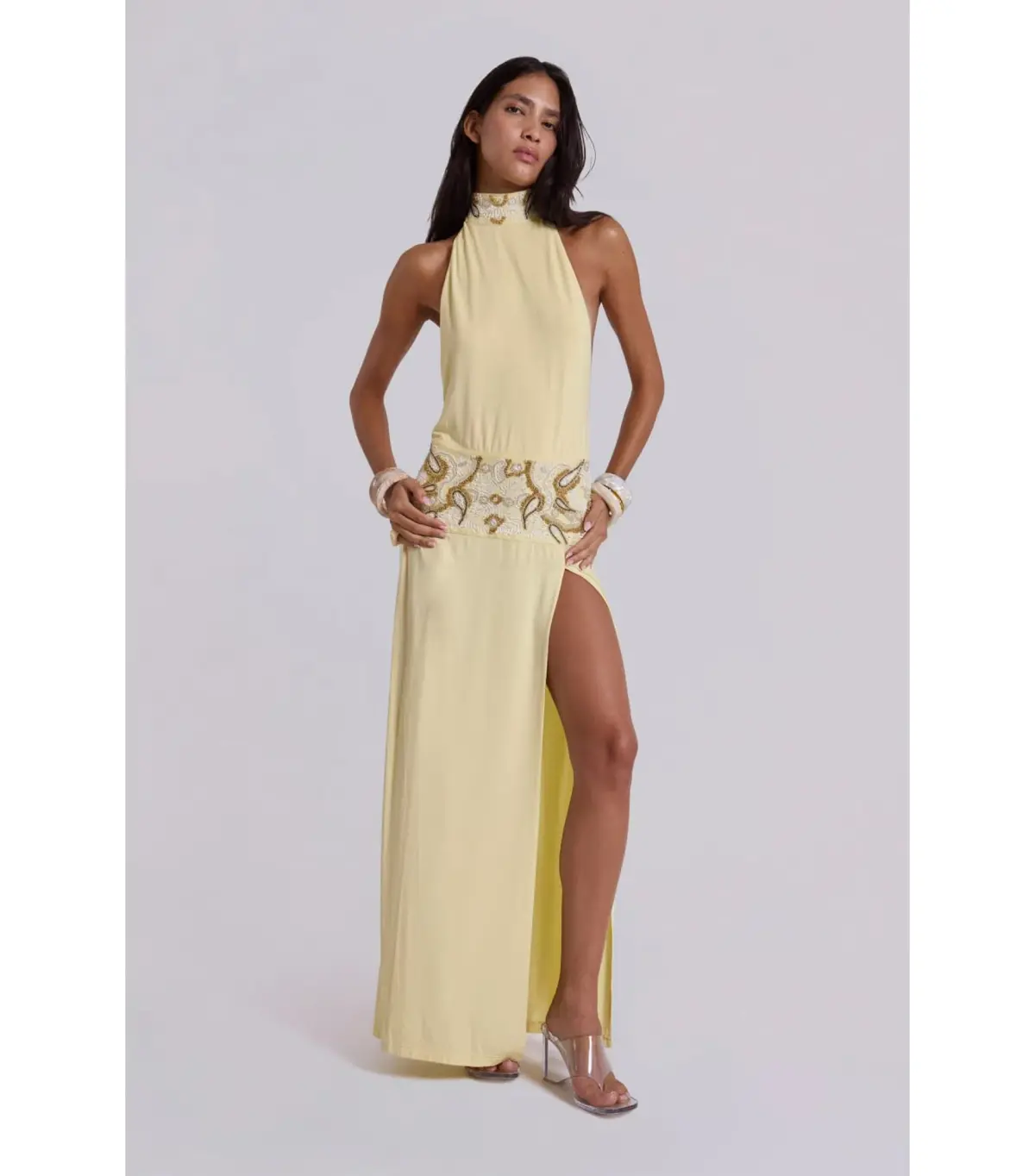 Jaded London Darya Hand Beaded Backless Maxi Dress in Butter Size AU 6 - Image 1