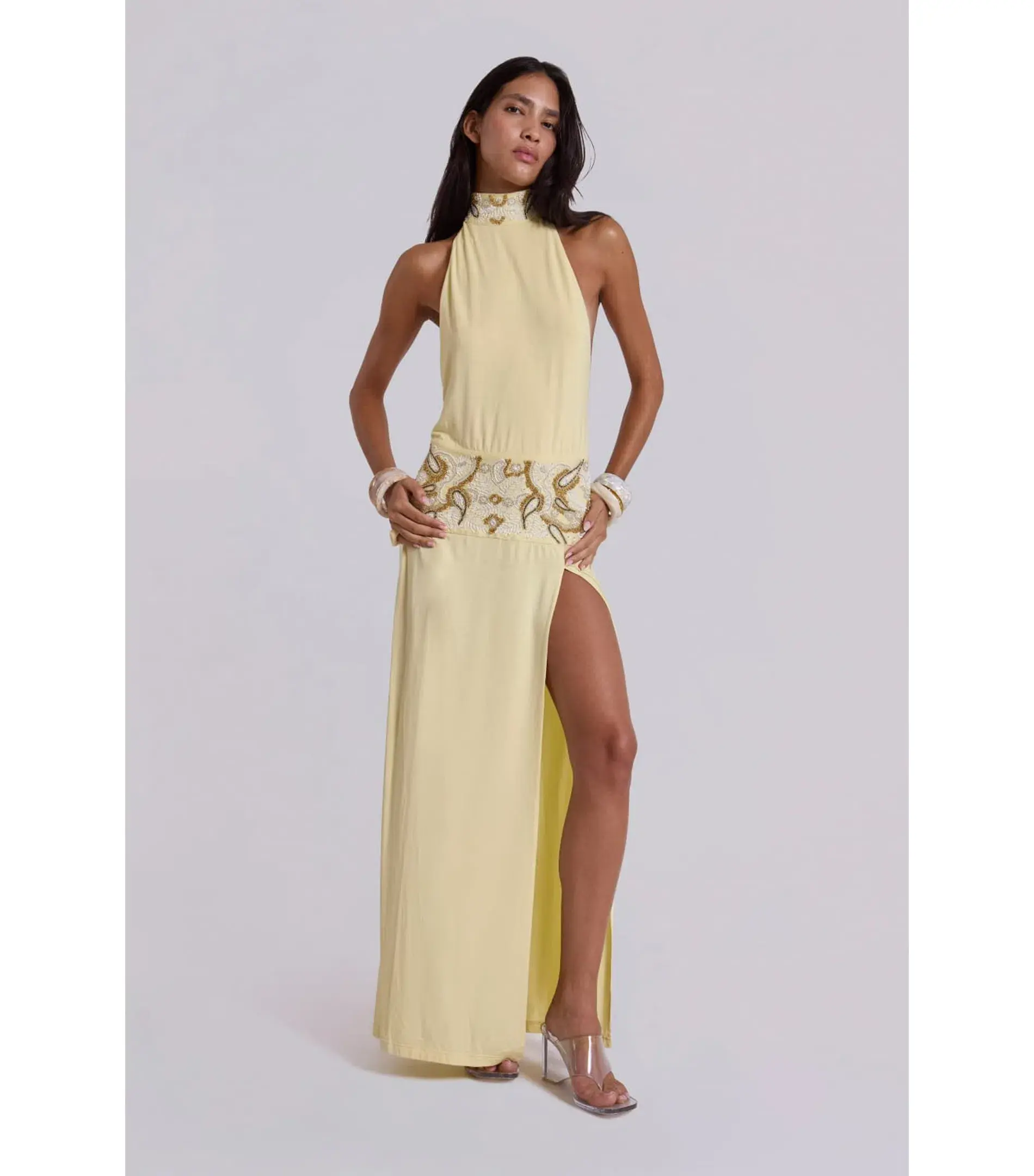Jaded London Darya Hand Beaded Backless Maxi Dress in Butter Size AU 6 - Image 1