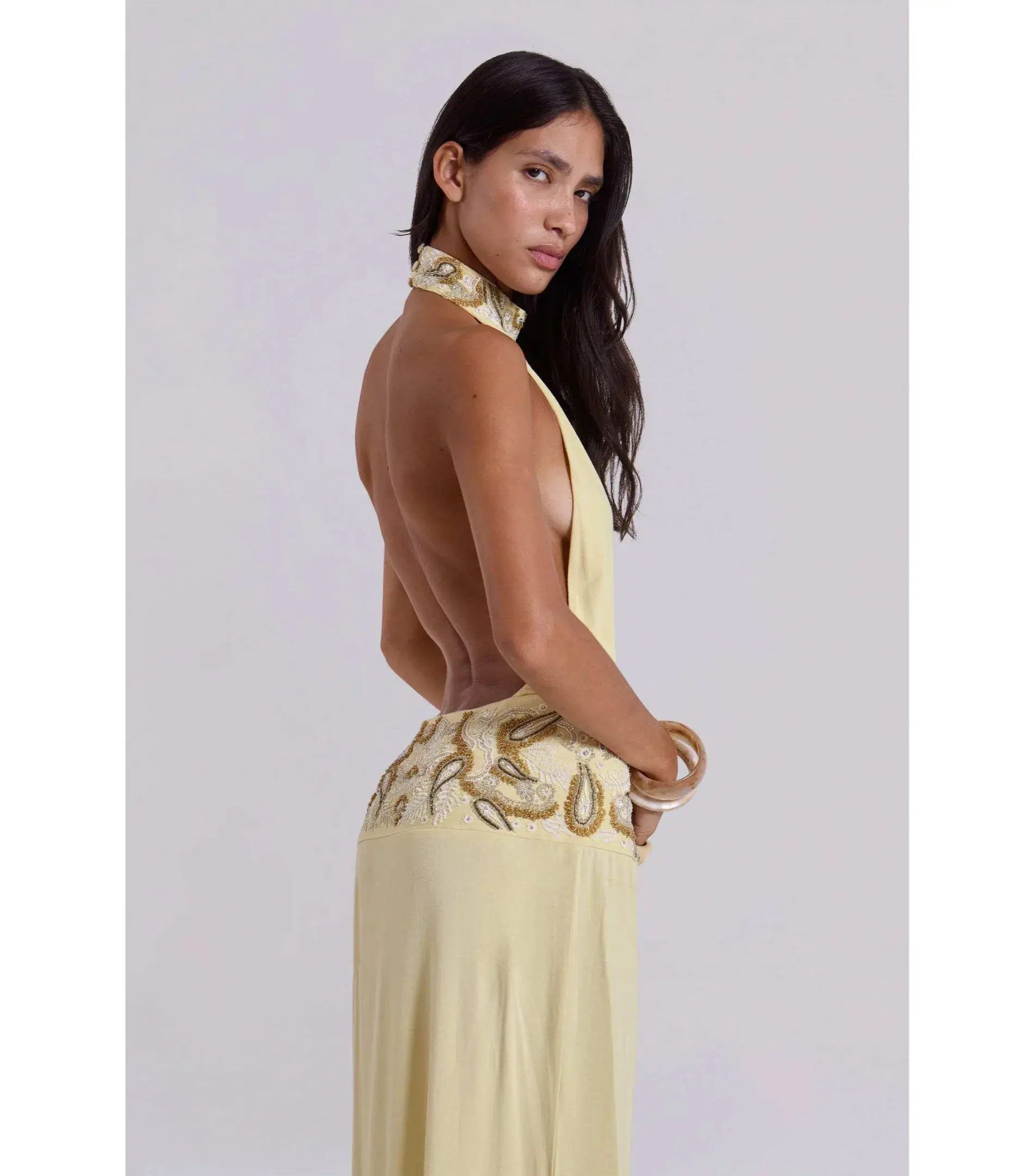 Jaded London Darya Hand Beaded Backless Maxi Dress in Butter Size AU 6 - Image 2