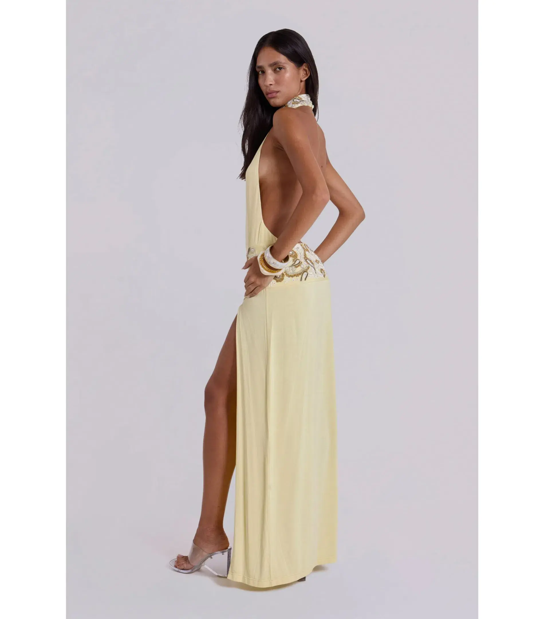 Jaded London Darya Hand Beaded Backless Maxi Dress in Butter Size AU 6 - Image 4