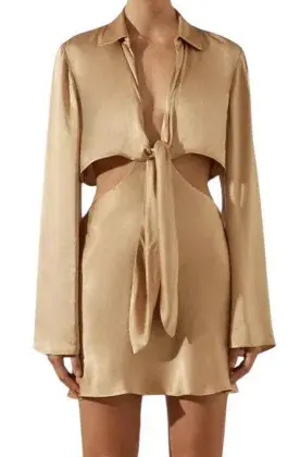 Shona Joy Gold Tie Front Cut out,Long flared Sleeve Dress Size 14 for rent on The Volte - main image