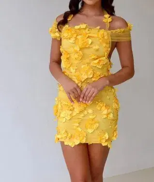 Alamour the Label Yellow 3D Flowers mini open back dress Size Medium / Aus Size 10 for rent on The Volte - main image