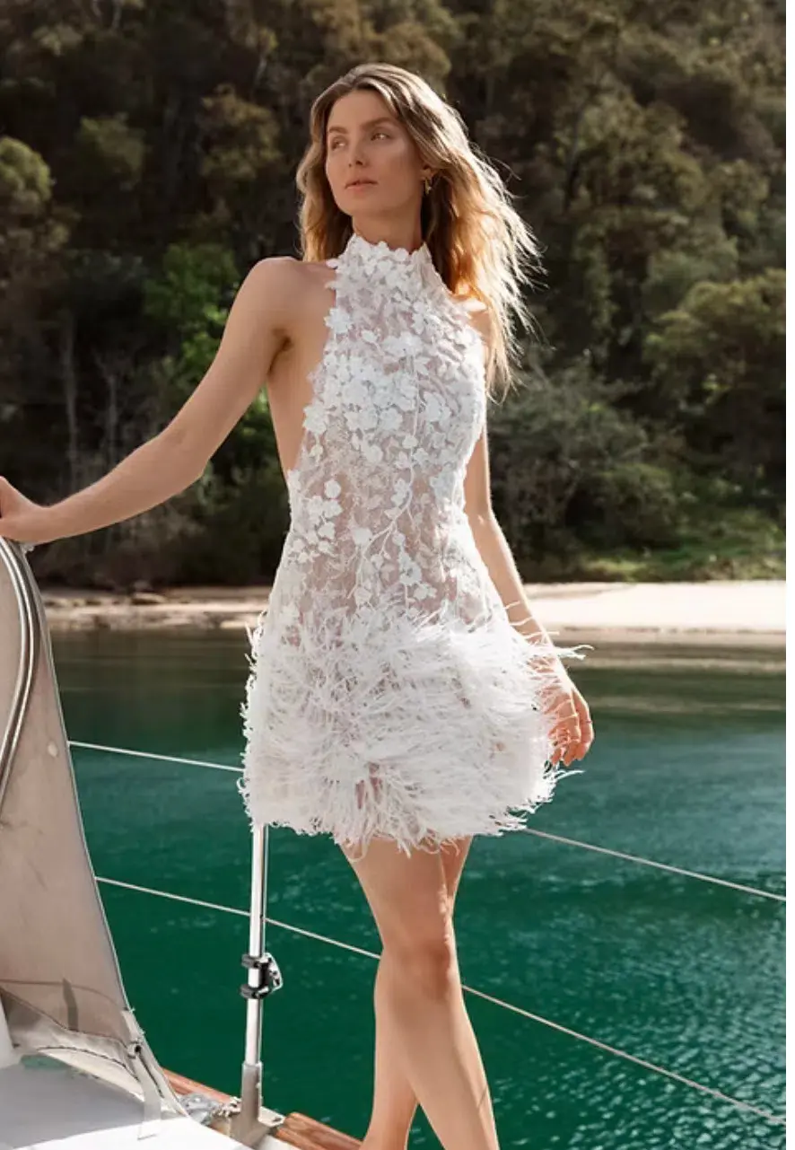 Aston Bridal ivy mini feather backless white dress size 8 - Image 1