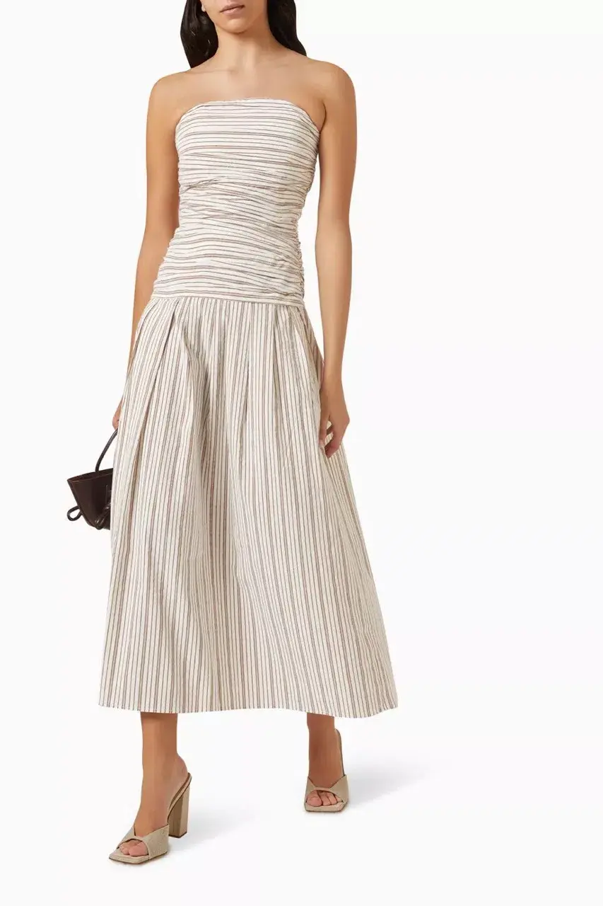 Anna Quan Isadora Strapless Maxi Dress Tobacco Stripe Size AU 6  for rent on The Volte - main image