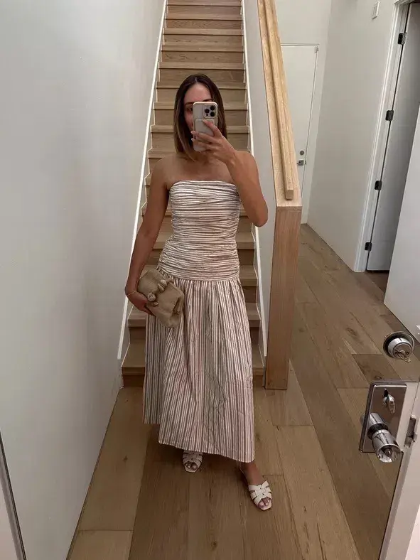 ANNA QUAN Isadora Strapless Maxi Dress Tobacco Stripe 10 for rent on The Volte - main image