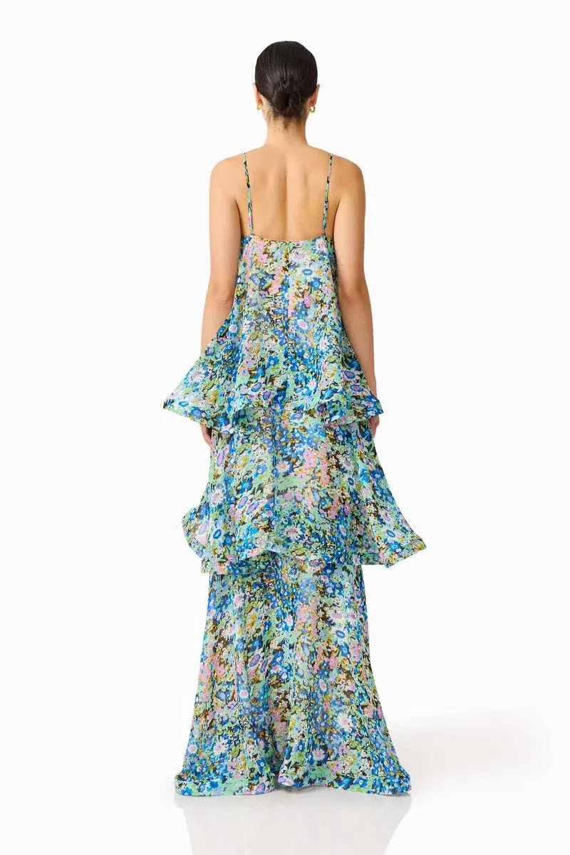 Elliatt Armani Tiered Maxi Dress in Blue Floral Size AU 10 - Image 2