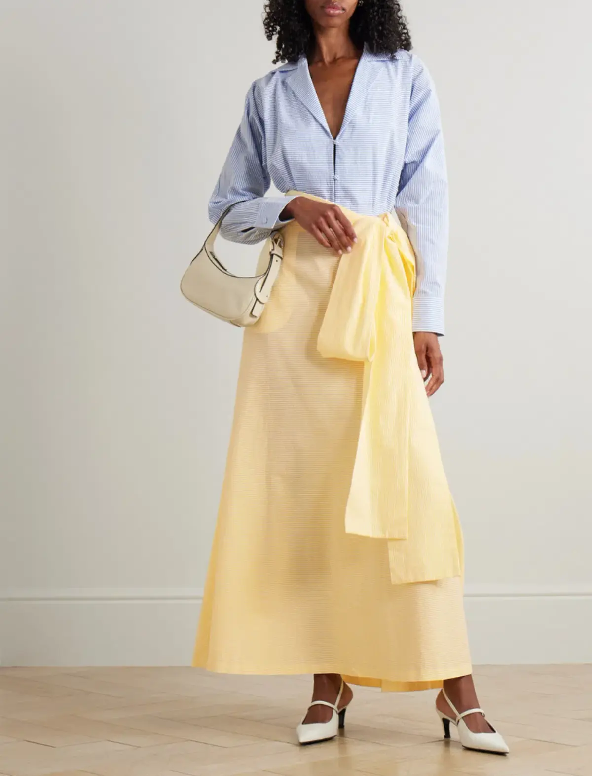 Bernadette Clarence Striped Seersucker Maxi Dress in Blue/White Striped and Yellow Size AU 12-14 - Image 1