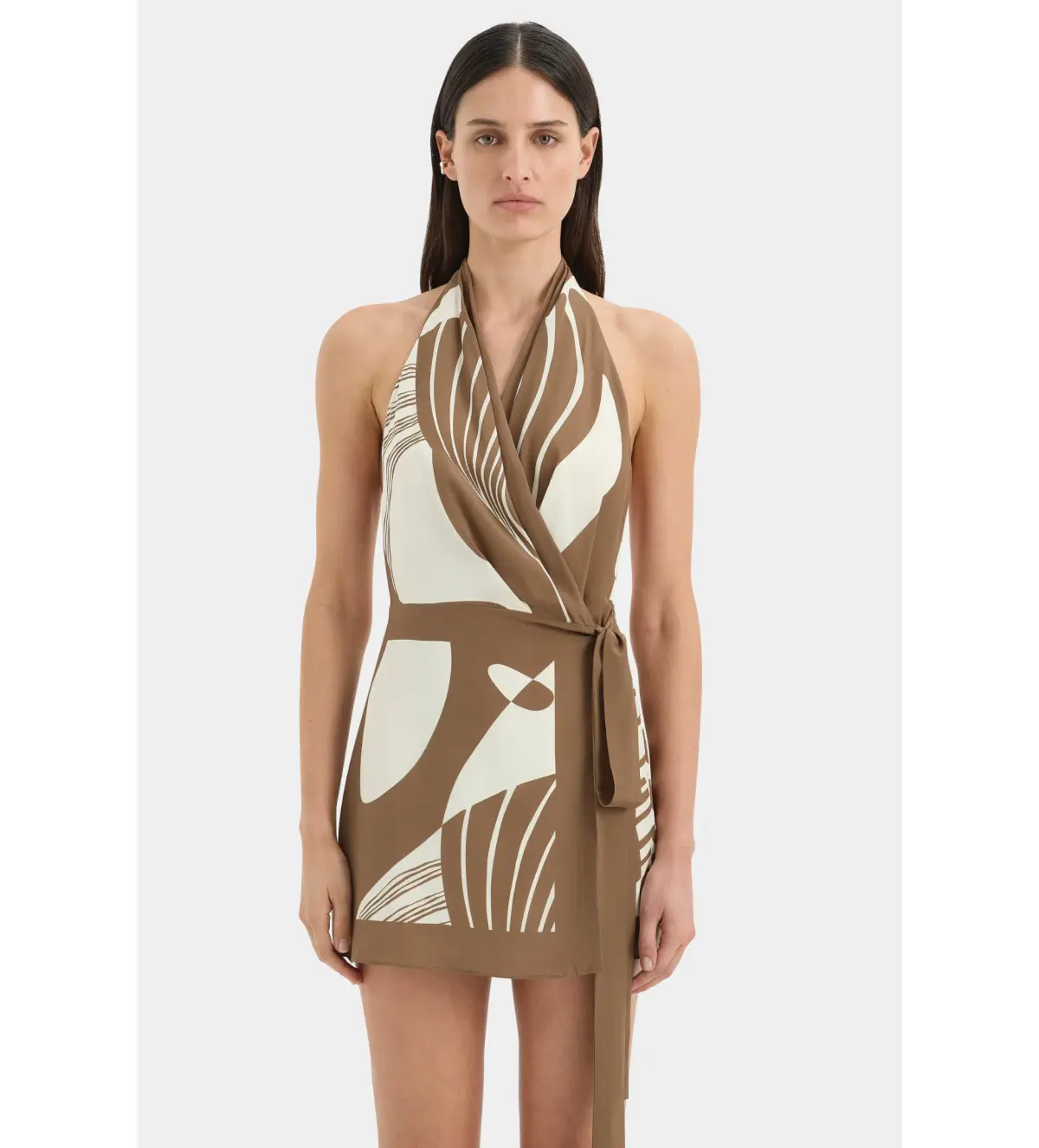 Almara Wrap Halter Mini Dress in Espresso Stripe Size 2 AU 10 - Image 2
