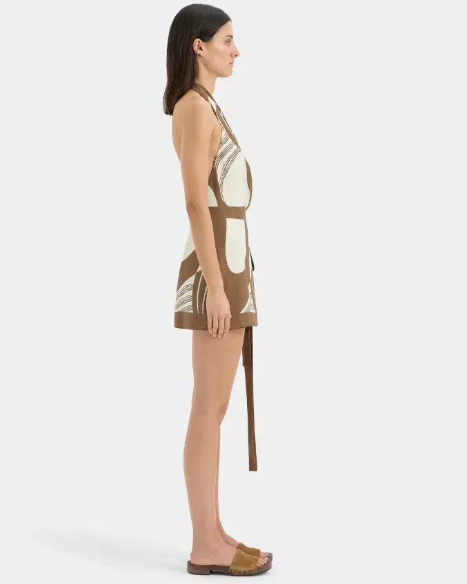 Sir Almara Silk Wrap Halter Mini Dress Espresso Brown Stripe Size 0/AU 6 - Image 2