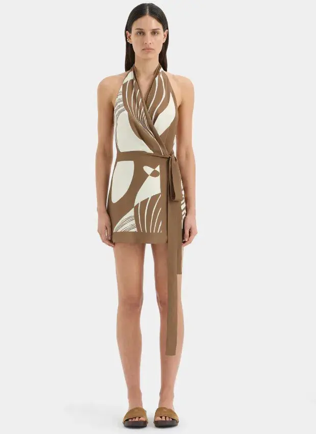 Sir the Label Almara Silk Wrap Halter Mini Dress Espresso Brown Stripe Size 3 / AU 12 - Image 1
