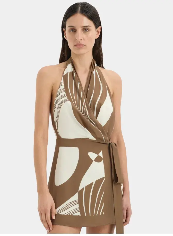 Sir the Label Almara Silk Wrap Halter Mini Dress Espresso Brown Stripe Size 3 / AU 12 - Image 2