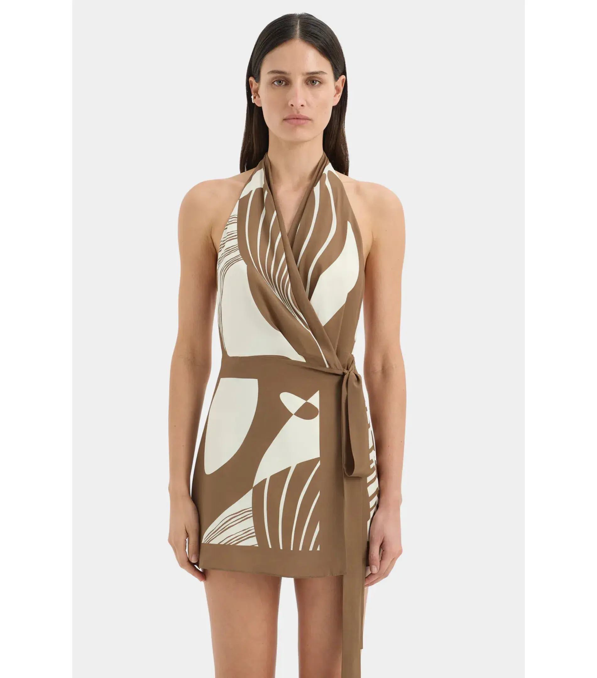 Sir the Label Almara Silk Wrap Halter Mini Dress Espresso Brown Stripe Size 4 / AU 14 - Image 3