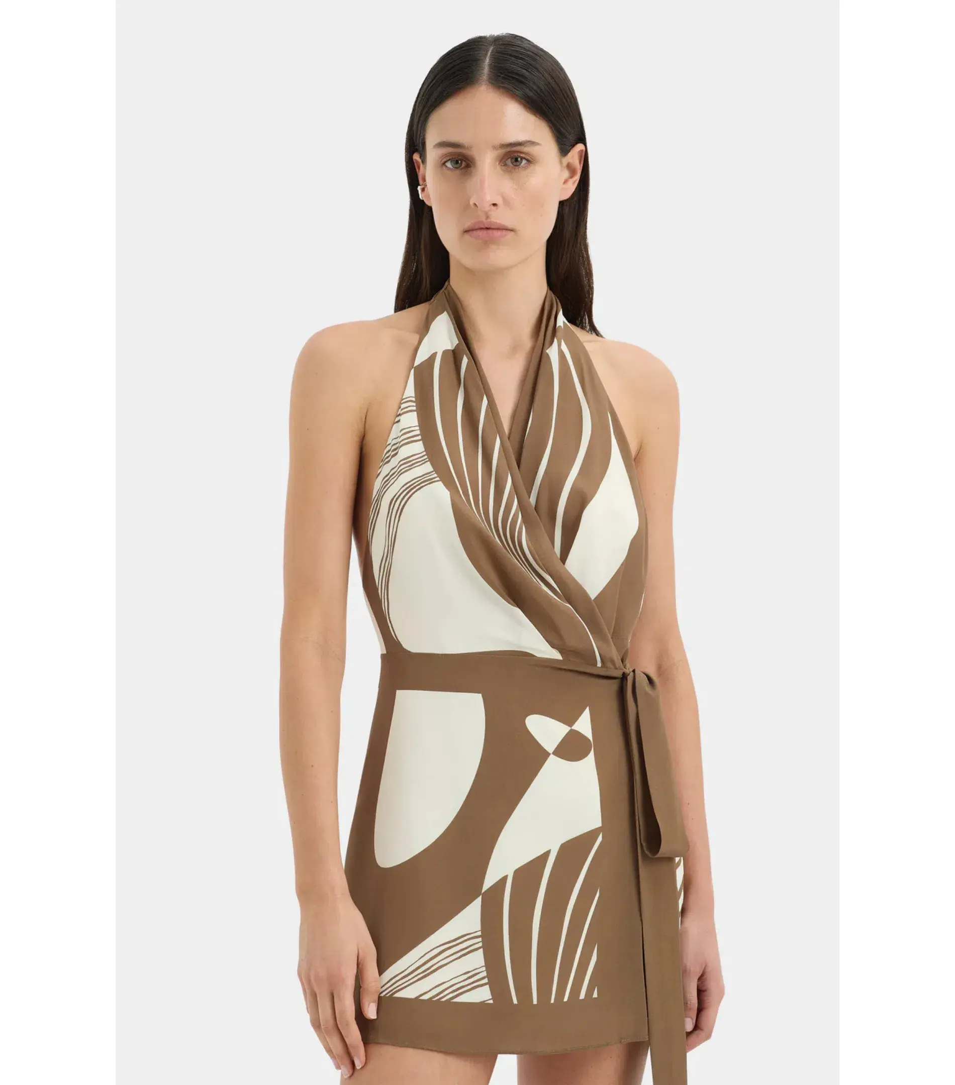 Sir the Label Almara Silk Wrap Halter Mini Dress Espresso Brown Stripe Size 4 / AU 14 - Image 4