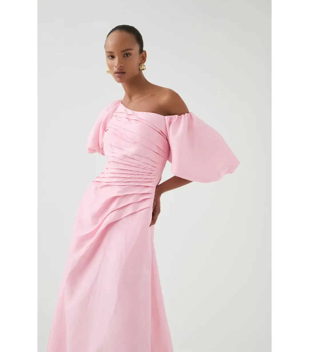 Aje Cadence Ruched Midi Dress Ballerina Pink Size AU 8 for rent on The Volte - main image