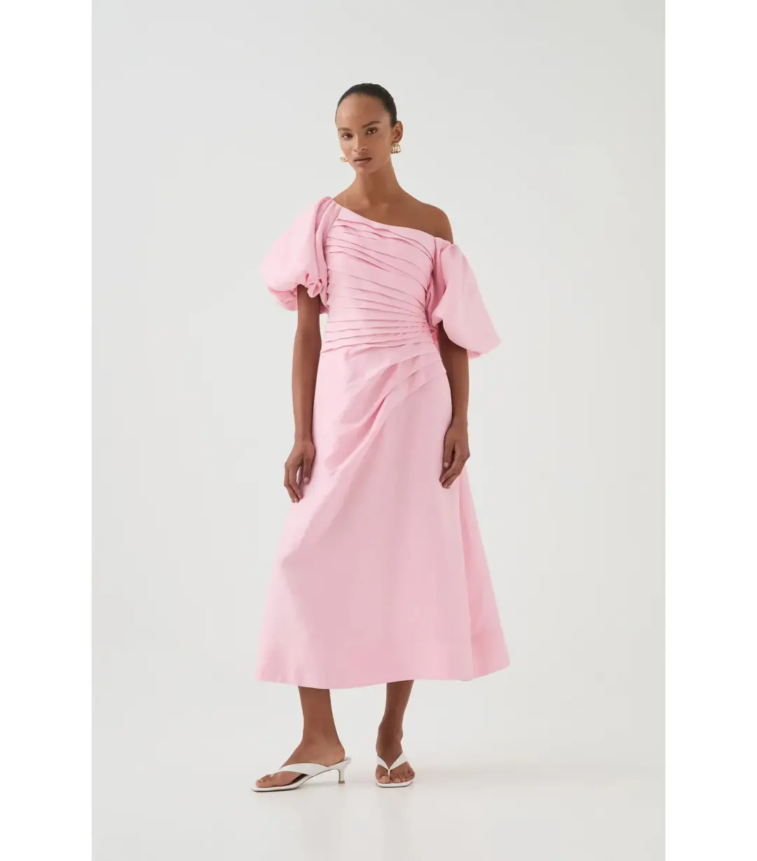 Aje Cadence Ruched Midi Dress Ballerina Pink Size AU 8 for rent on The Volte - main image