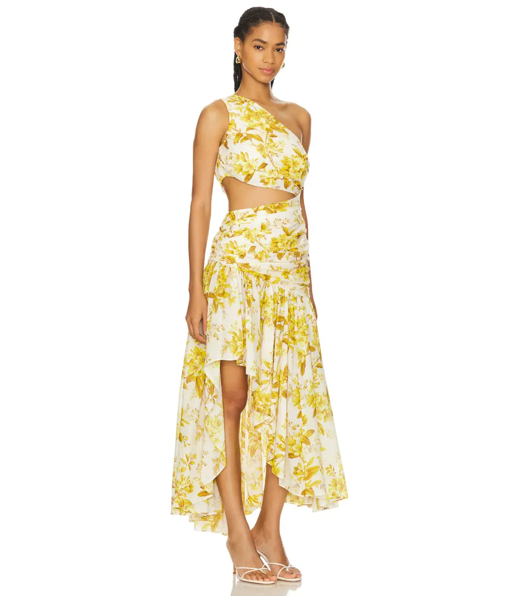 Zimmermann Golden Asymmetric Midi Dress in Yellow Toile Floral Size / 3 AU 14 for rent on The Volte - main image