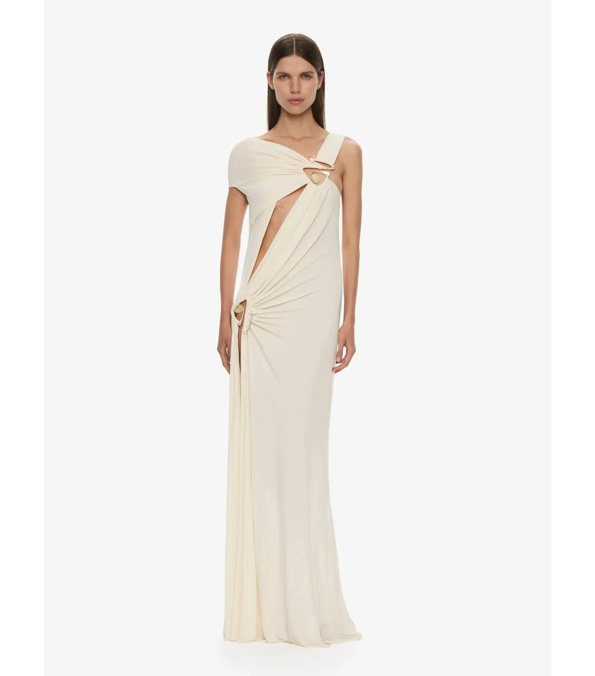 Christopher Esber Veer Spiral Crystal Draped Jersey Maxi Dress Milk Size AU 10 - Image 1