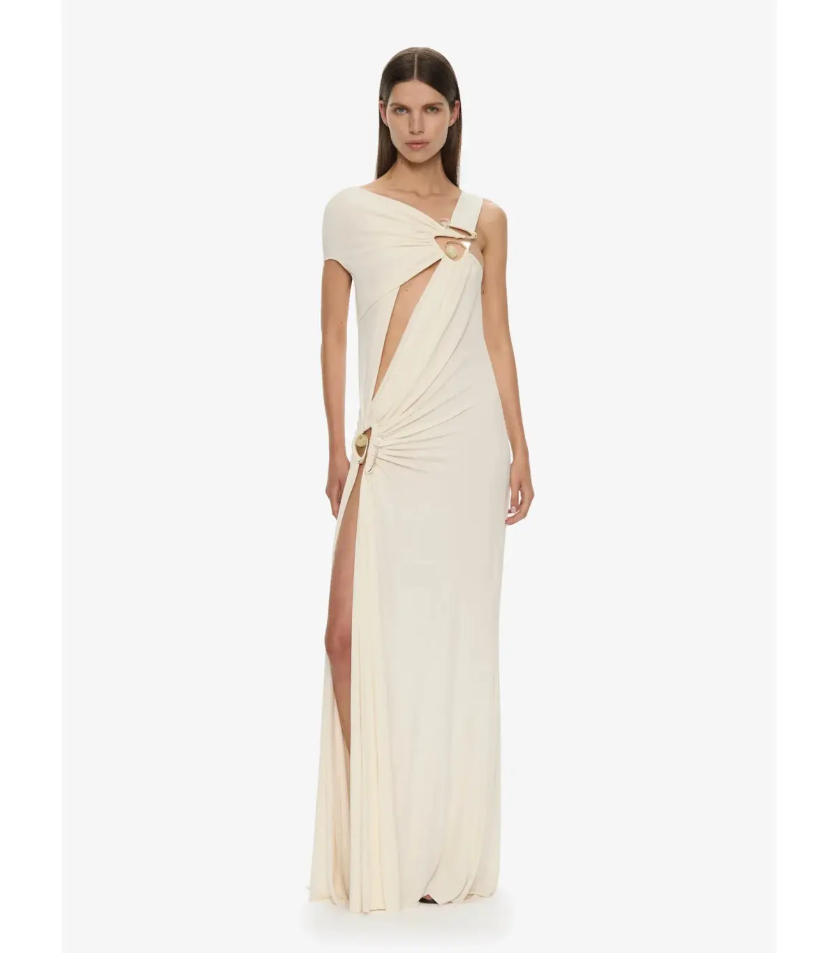 Christopher Esber Veer Spiral Crystal Draped Jersey Maxi Dress Milk Size AU 10 - Image 2