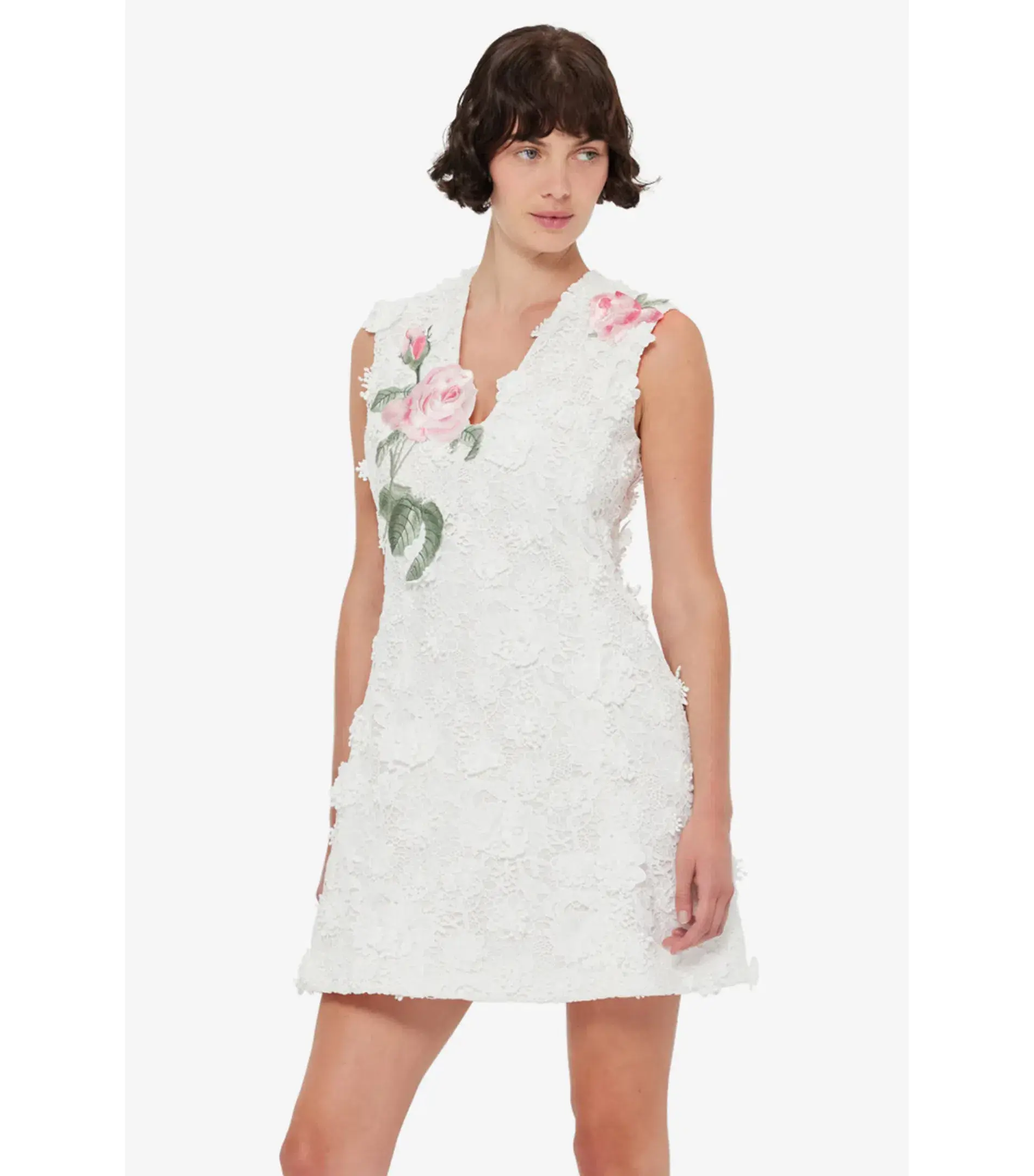 Leo Lin Briana V Neck Embroidered Lace Mini Dress in Snow Size AU 8 - Image 2